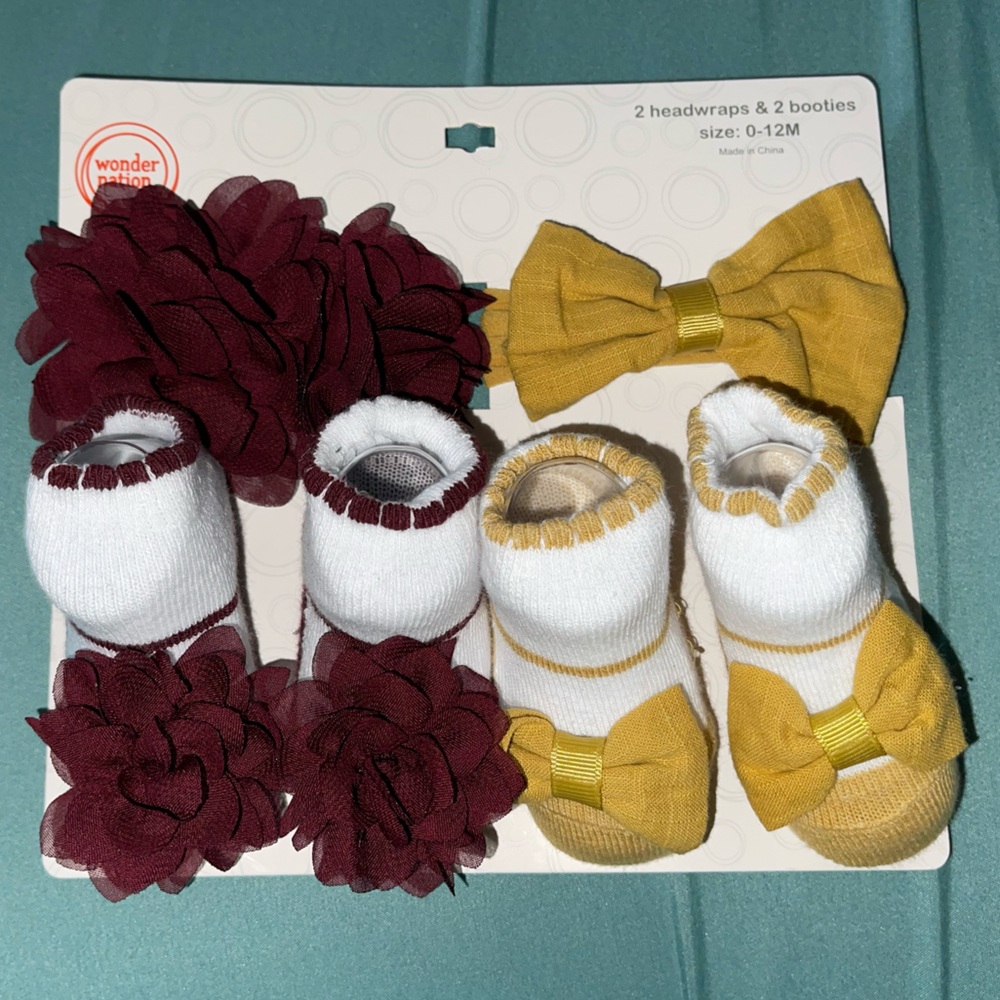 Set 2 headwraps & 2 booties baby girls 0-12 months Yellow Burgundy Fall Pumpkin